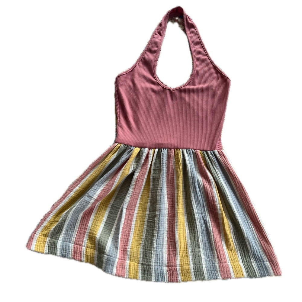 Upcycled Pink Ribbed Halter Mini Dress Striped Gauze Skirt Mauve Boho Sz M